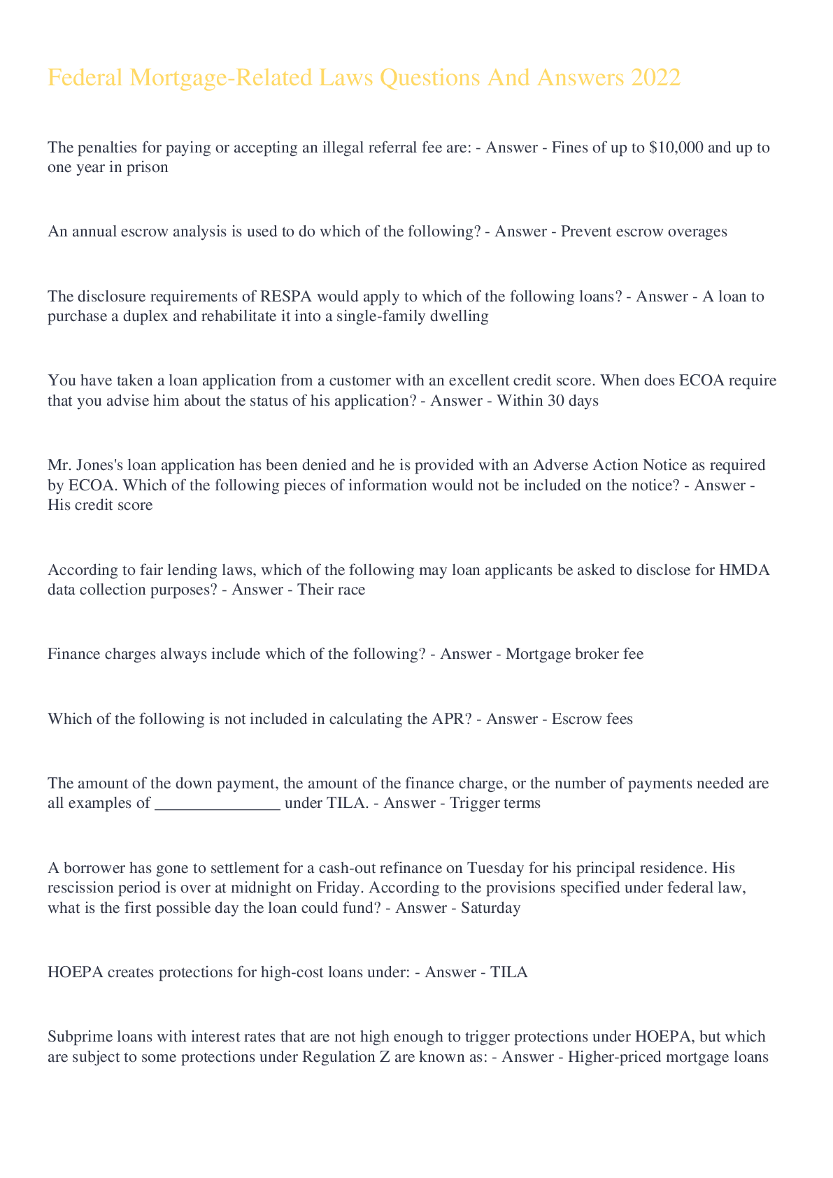 Federal MortgageRelated Laws Questions And Answers 2022 Browsegrades